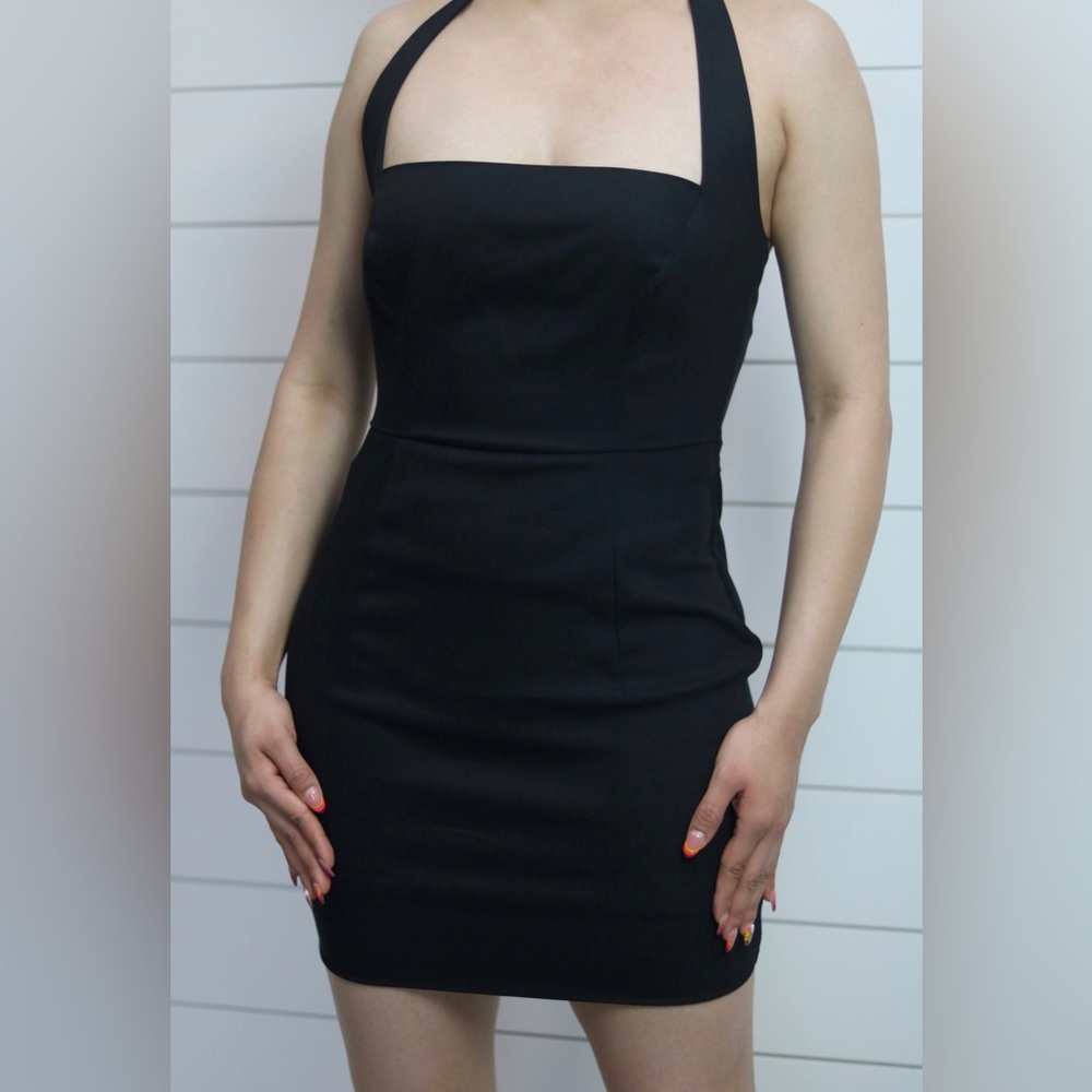 Black Halter Neck Back Tie Mini Dress